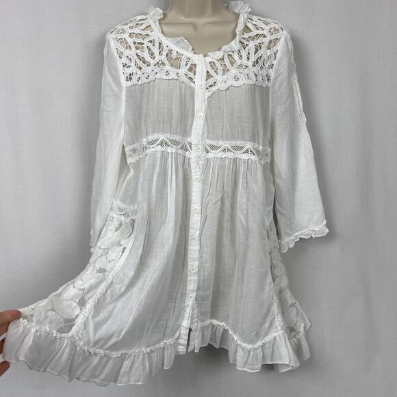 Sacred Threads Tunic Babydoll Top Womens Large White Lace Crochet Boho Sheer - Picture 3 of 10